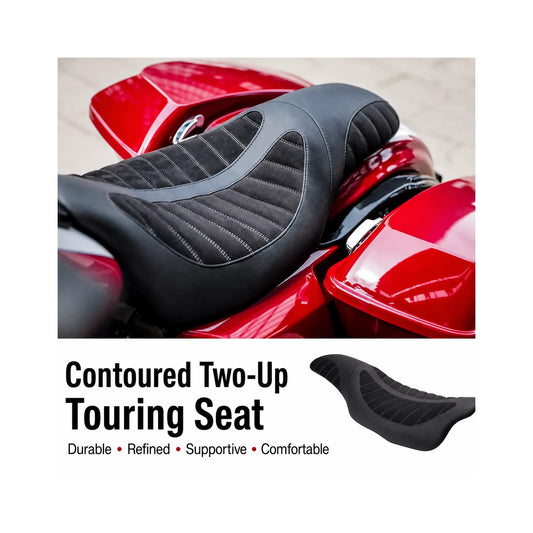 Contoured two-up touring motorcycle seat