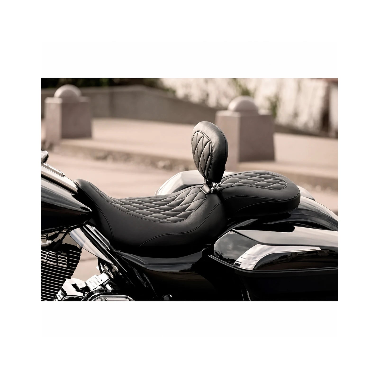 Diamond-stitched split touring seat installed