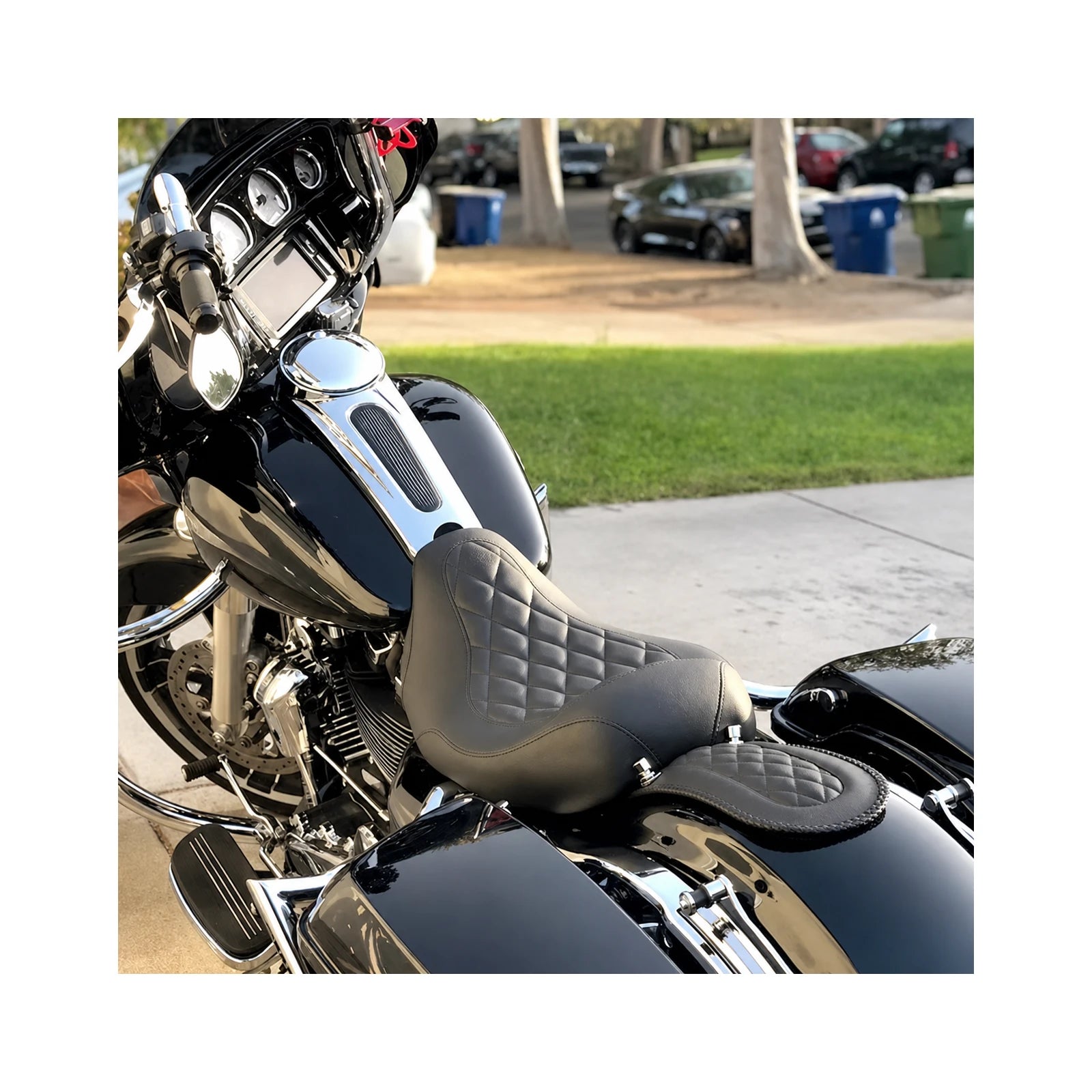 Split touring rider and passenger seats installed