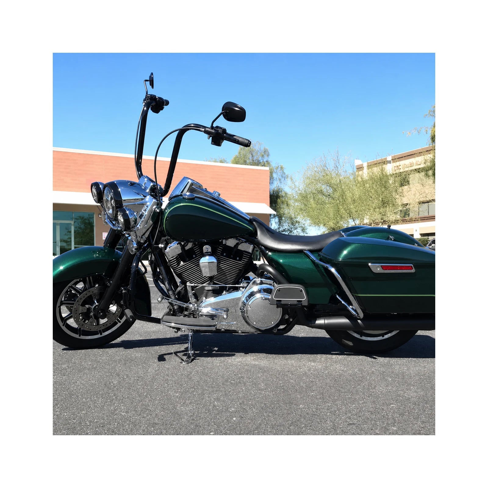 Low-profile seat on custom motorcycle