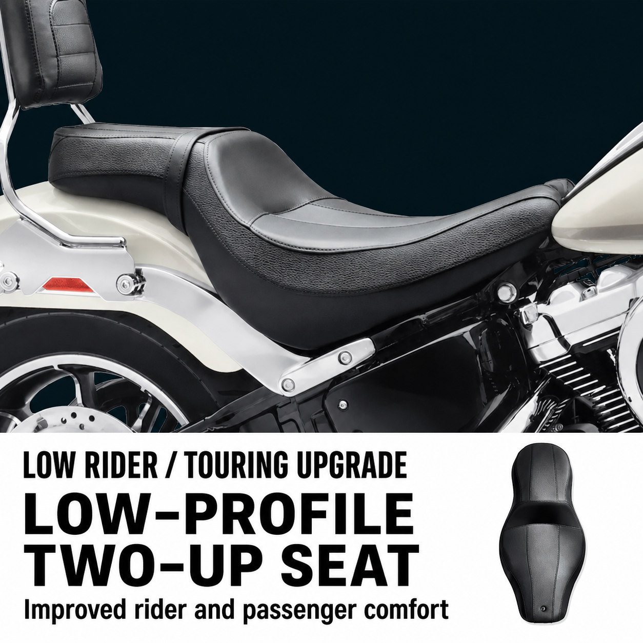 Low-profile two-up seat for Harley-Davidson Softail and Low Rider models