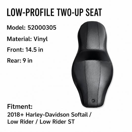 Low-profile two-up motorcycle seat specifications and fitment