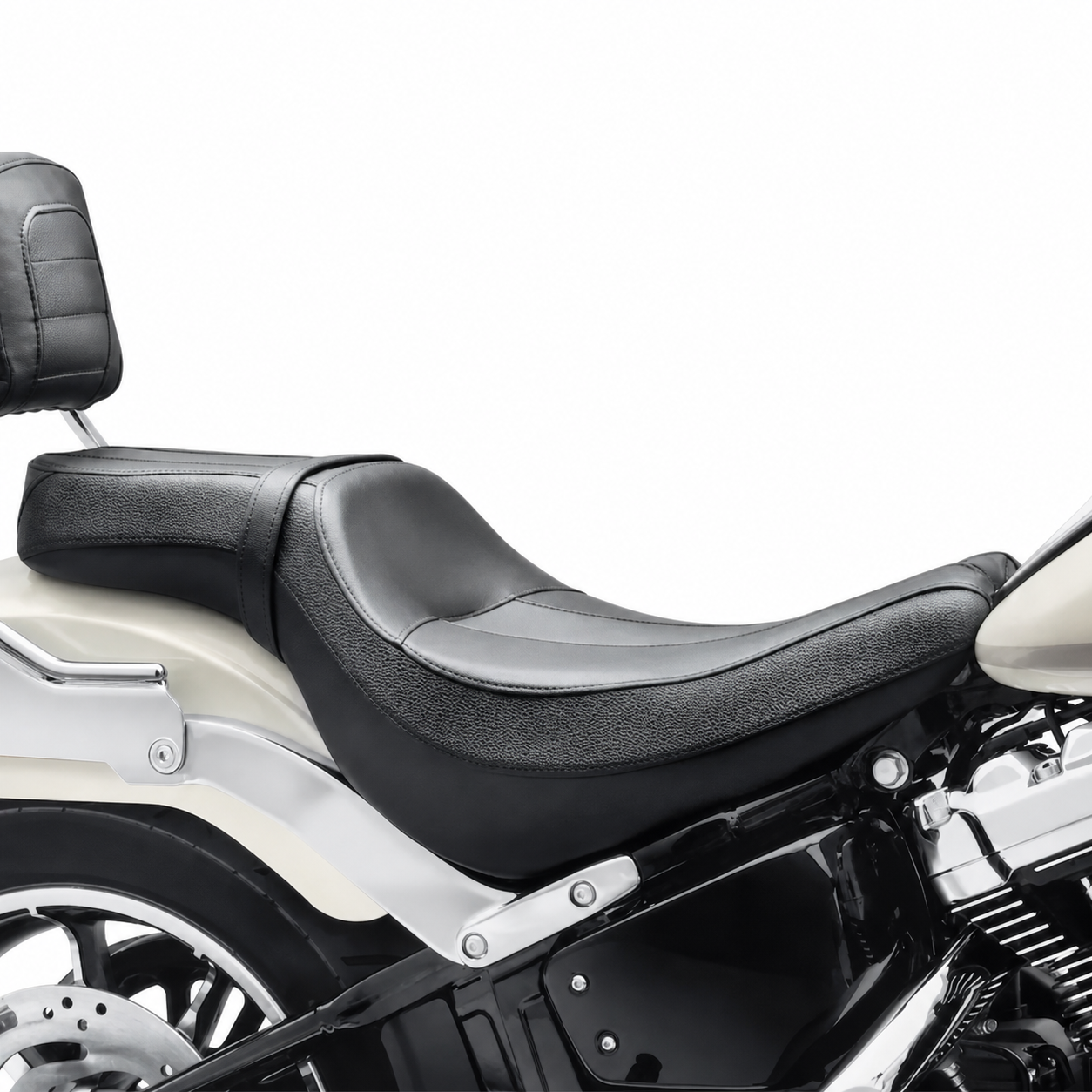Side view of low-profile two-up seat installed on a motorcycle