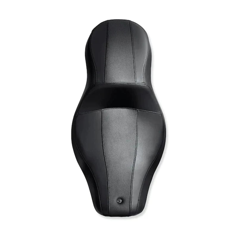 Top view of low-profile black two-up motorcycle seat
