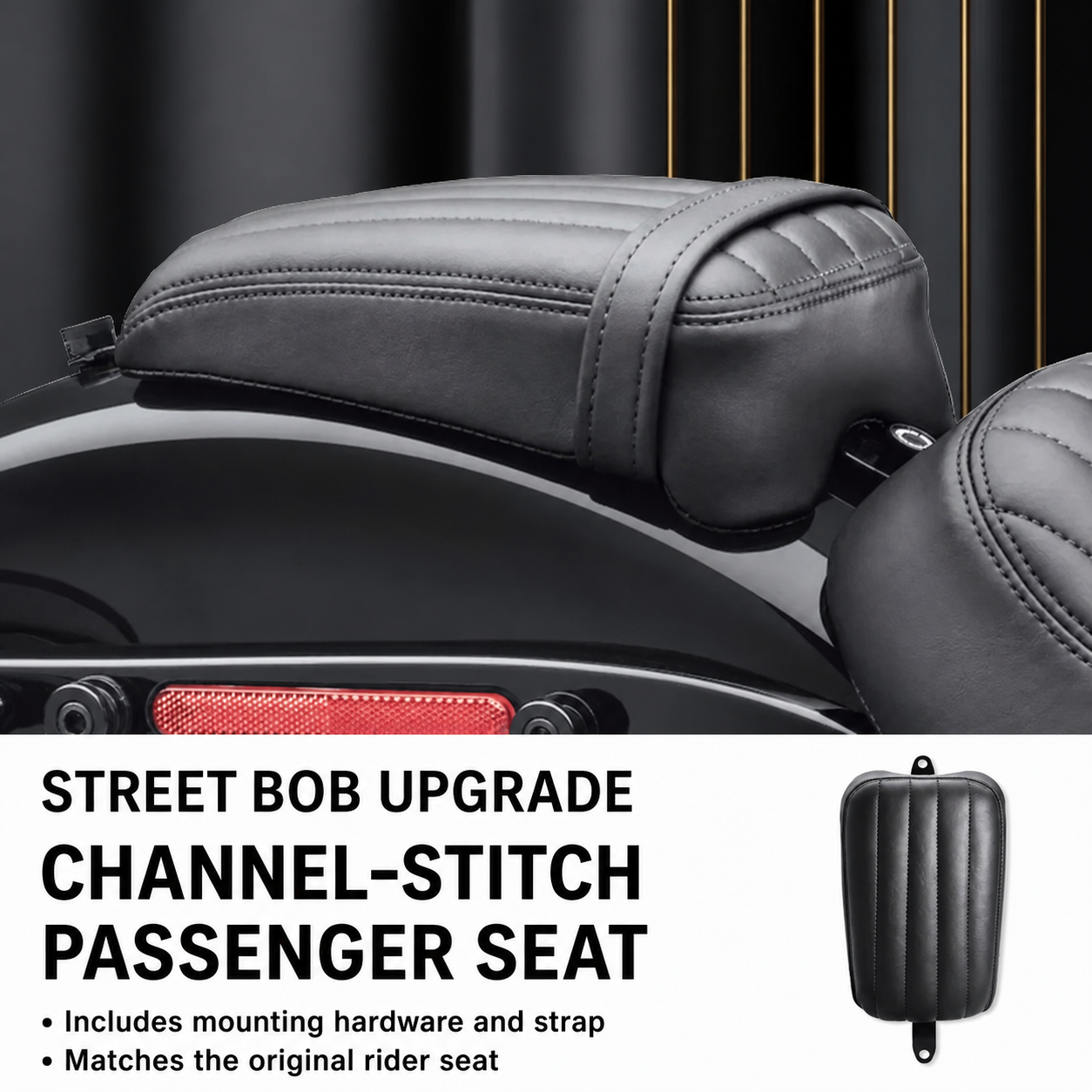 Channel-stitched passenger seat for Harley-Davidson Street Bob