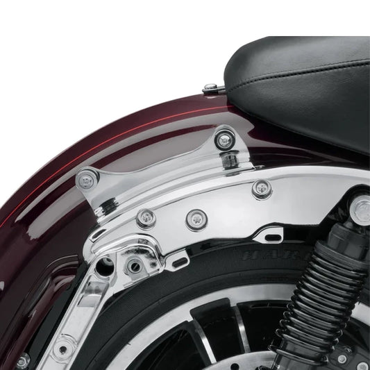 Chrome docking hardware installed on touring motorcycle rear fender
