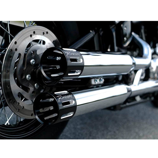 Rinehart black end-cap slip-on exhaust installed on Harley-Davidson