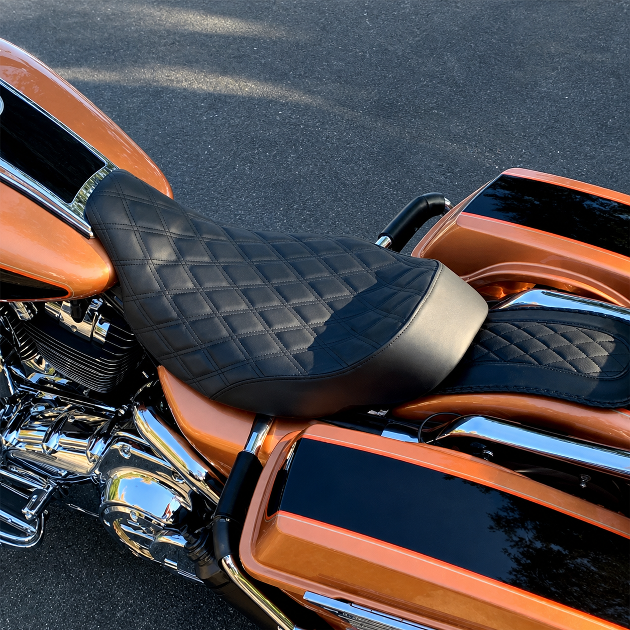 Black diamond-stitched solo seat installed on motorcycle