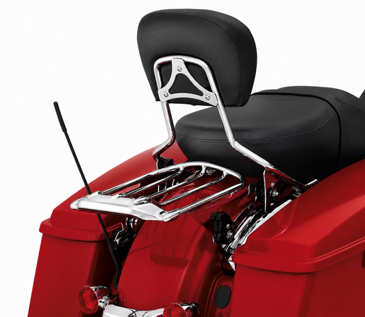 Chrome luggage rack and passenger backrest installed on touring motorcycle