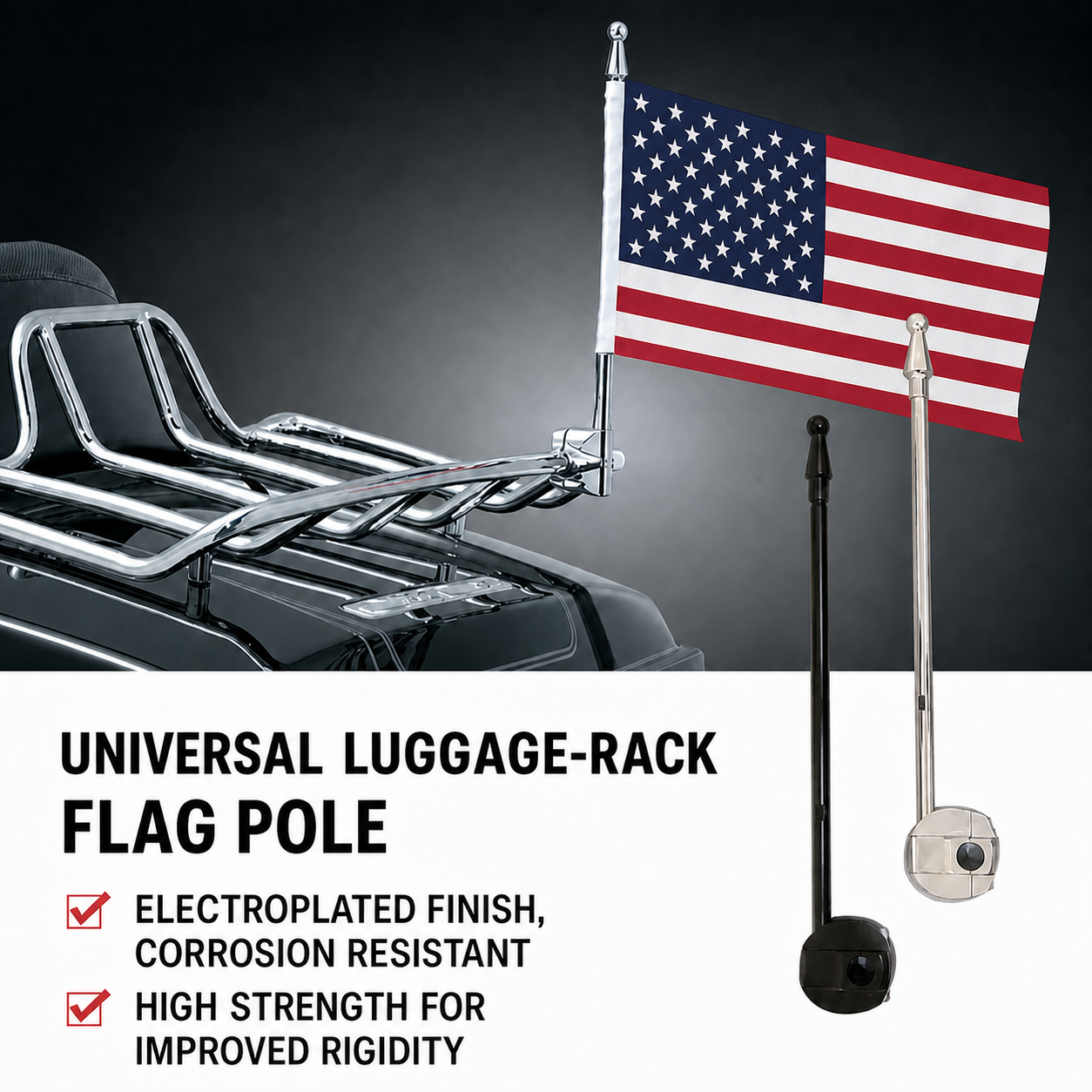 Universal motorcycle luggage-rack flag pole with United States flag