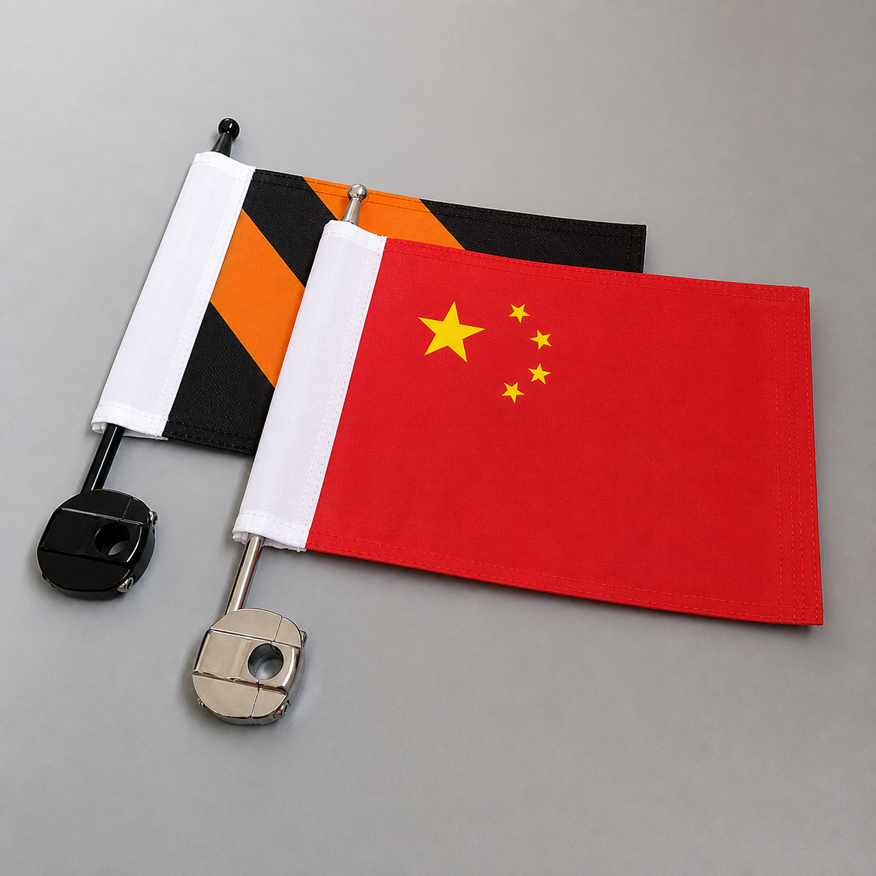 China flag and unbranded black-orange motorcycle flag