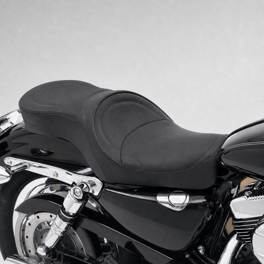 Two-up motorcycle seat installed on Sportster