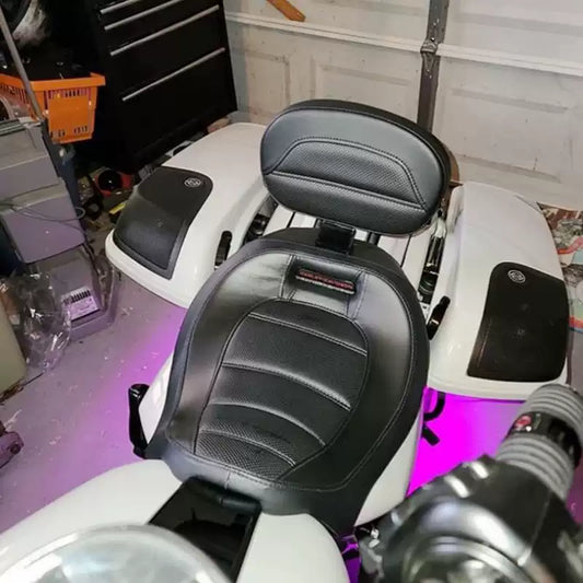 CVO rider backrest installed on white touring motorcycle