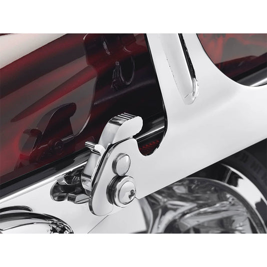 Chrome quick-release latch installed on motorcycle bracket
