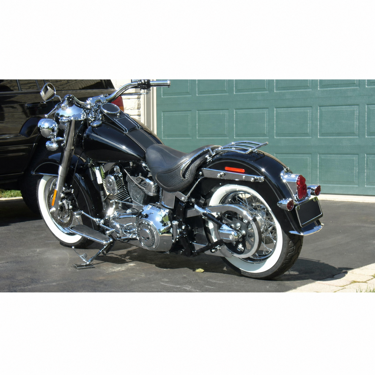 Chrome luggage rack on black motorcycle