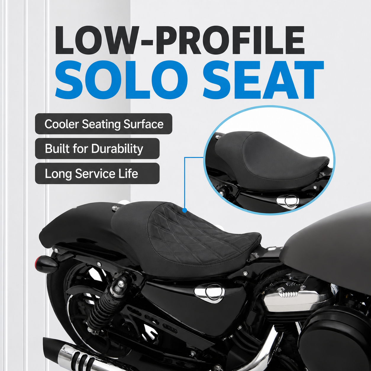 Low-profile solo seat for Harley Sportster XL
