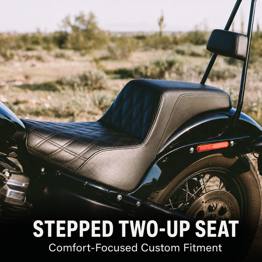Stepped two-up motorcycle seat for Harley Softail
