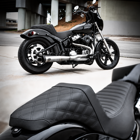 Stepped two-up motorcycle seat for Harley Softail