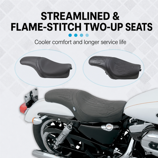 Streamlined and flame-stitch two-up seat options for Harley-Davidson Sportster