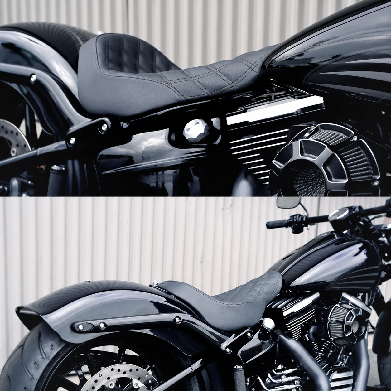 Close-up of a black diamond-stitch solo motorcycle seat