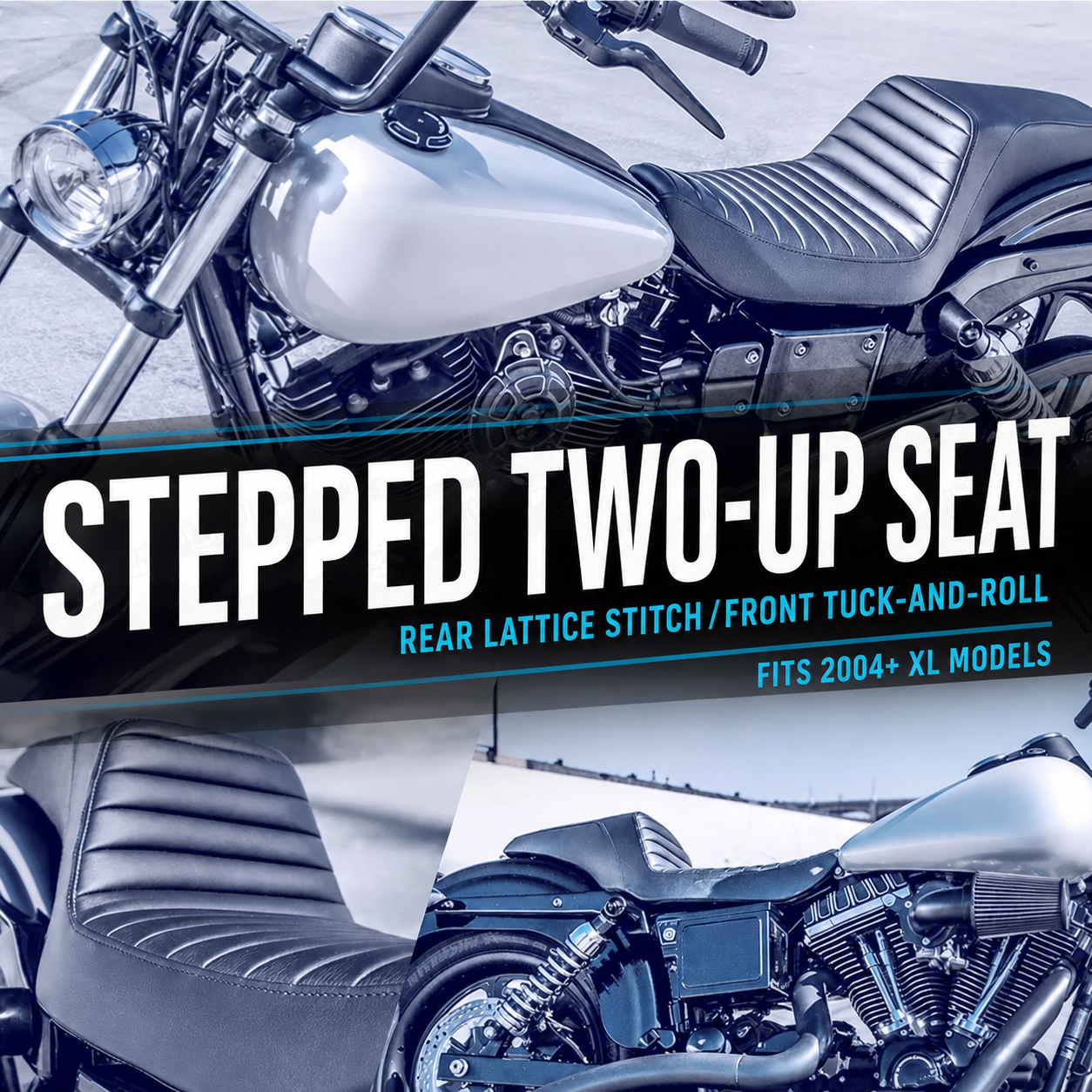 Black stepped two-up seat with rear lattice stitch for Harley Sportster