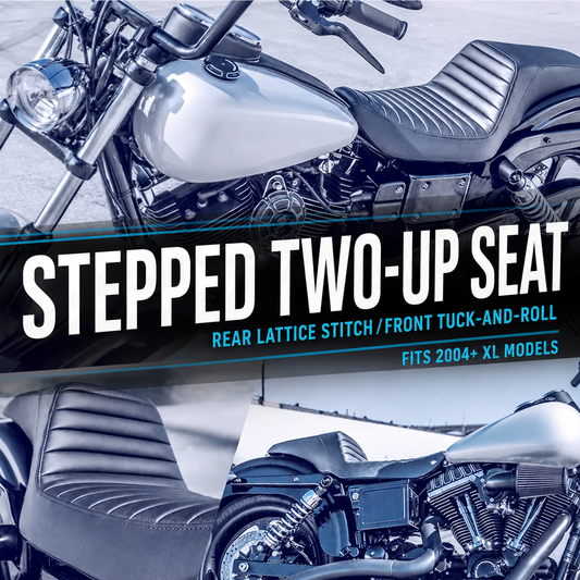 Black stepped two-up seat with rear lattice stitch for Harley Sportster