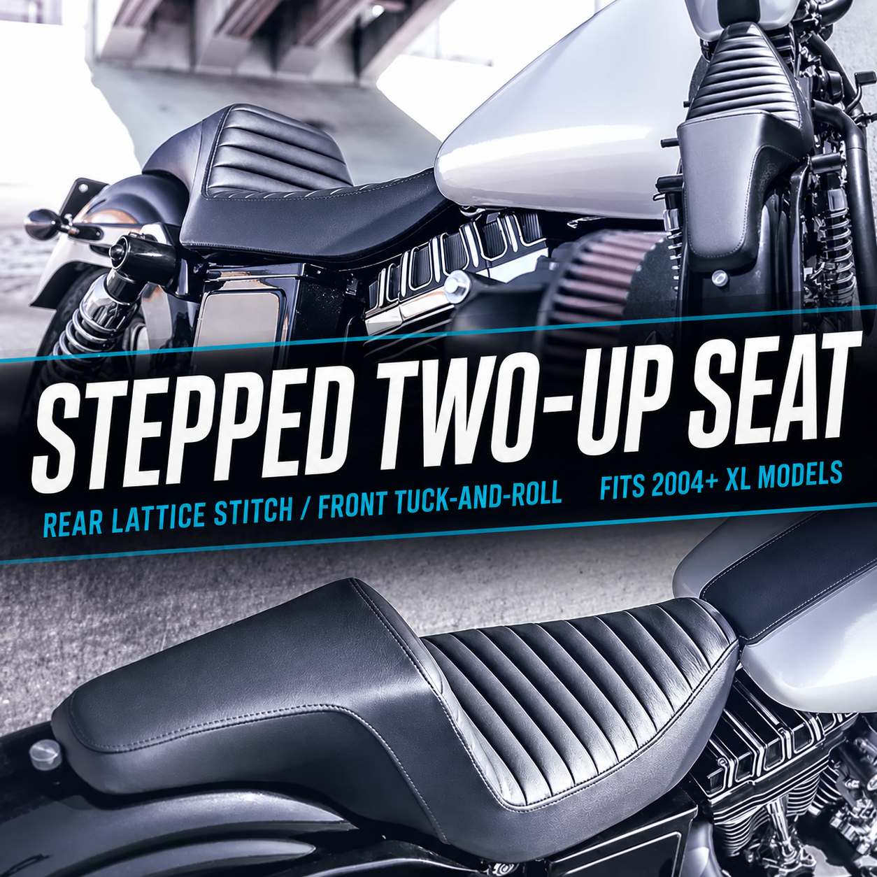 Black stepped two-up seat with front tuck-and-roll for Harley Sportster