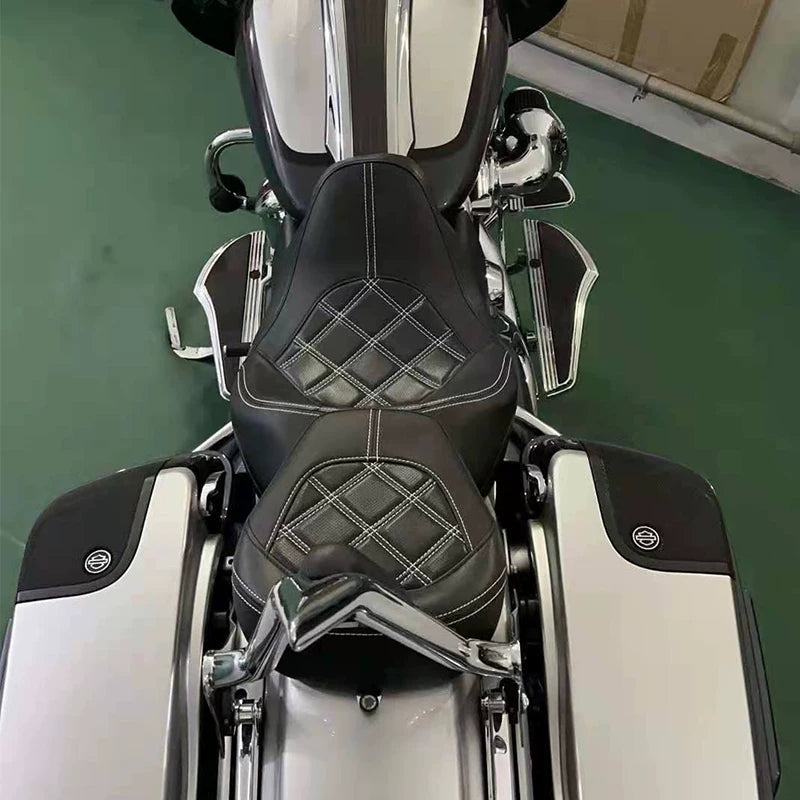 Two-piece touring motorcycle seat installed