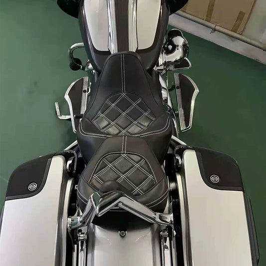 Two-piece touring motorcycle seat installed