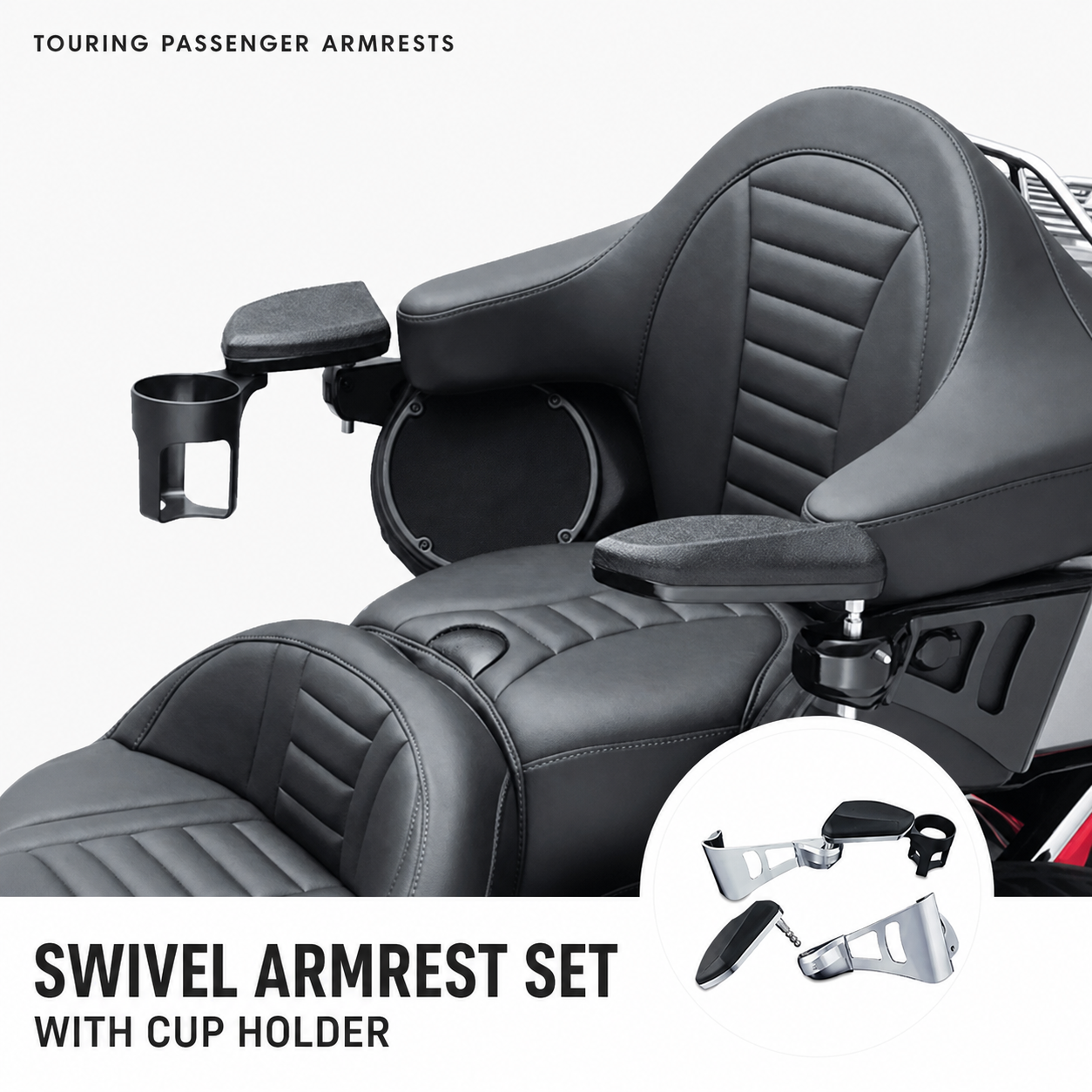Touring passenger swivel armrest set with cup holder