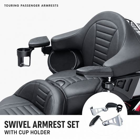 Touring passenger swivel armrest set with cup holder