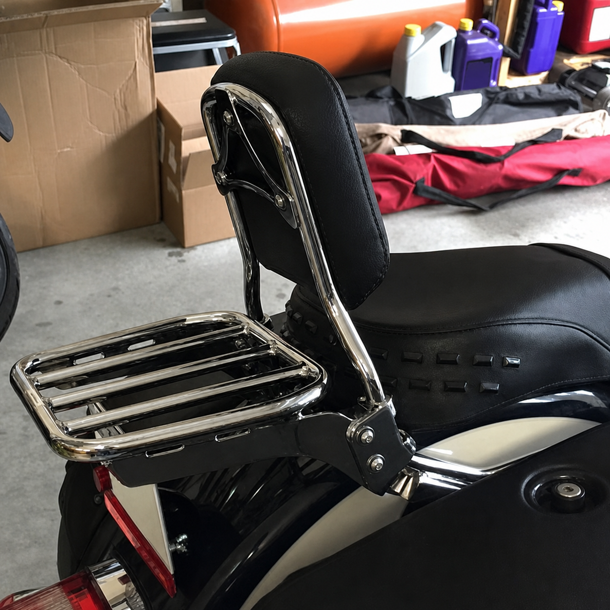 Chrome backrest and luggage rack installed