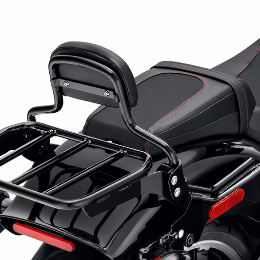 Black quick-release backrest and luggage rack installed