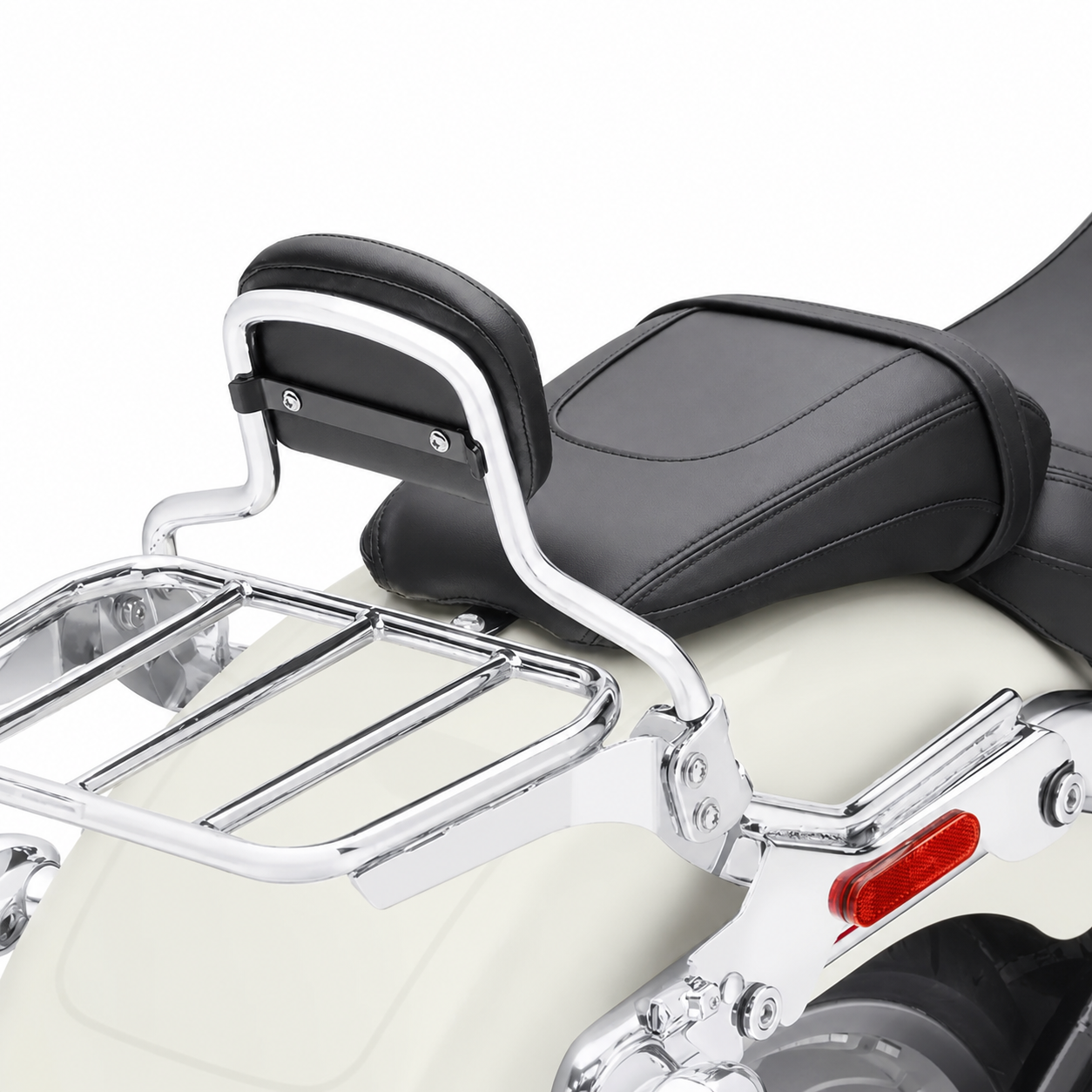 Chrome quick-release backrest and luggage rack installed