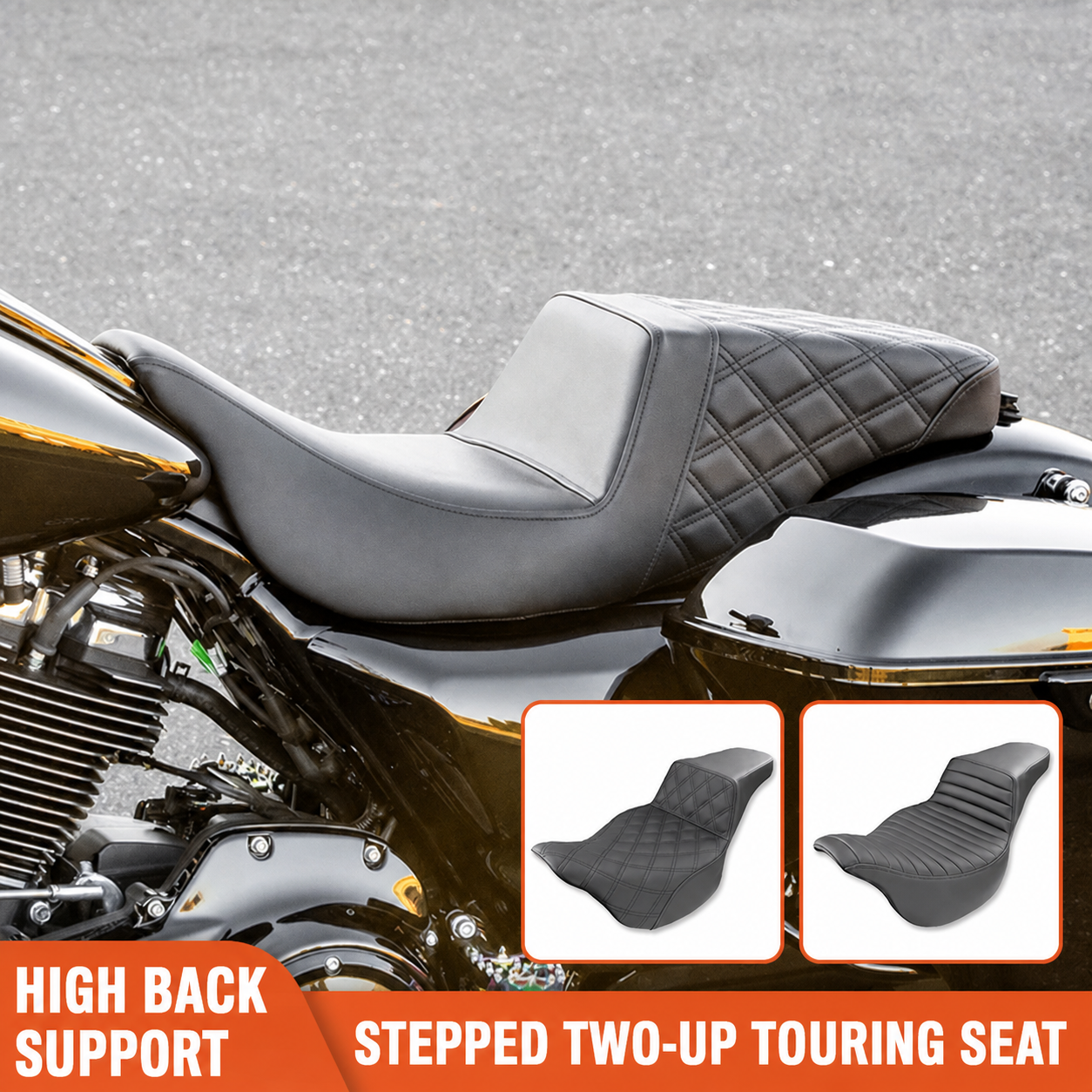 Stepped two-up touring seat with high back support
