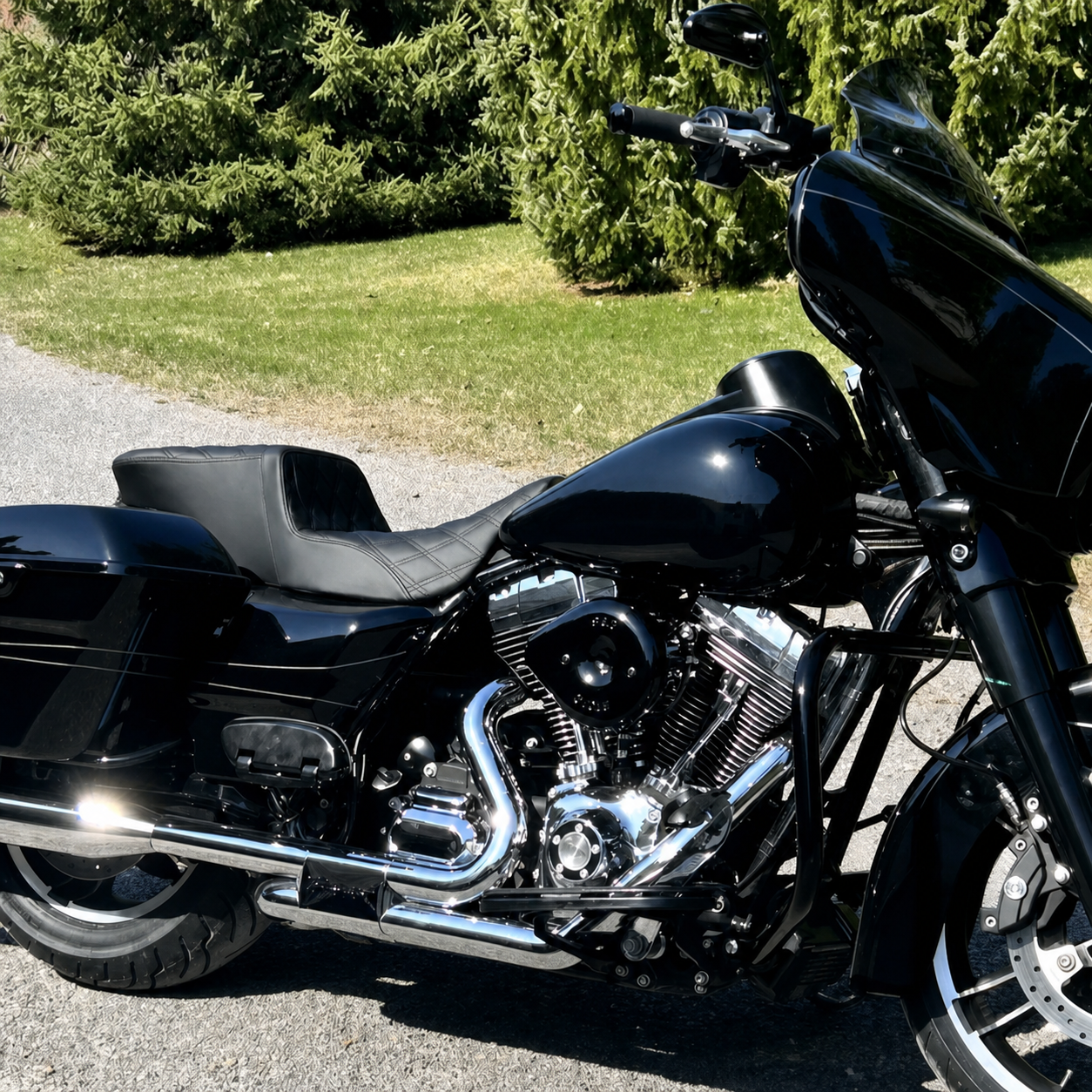 Diamond-stitch touring seat installed on a motorcycle