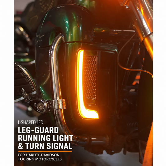 L-shaped LED leg-guard light installed on Harley-Davidson Touring