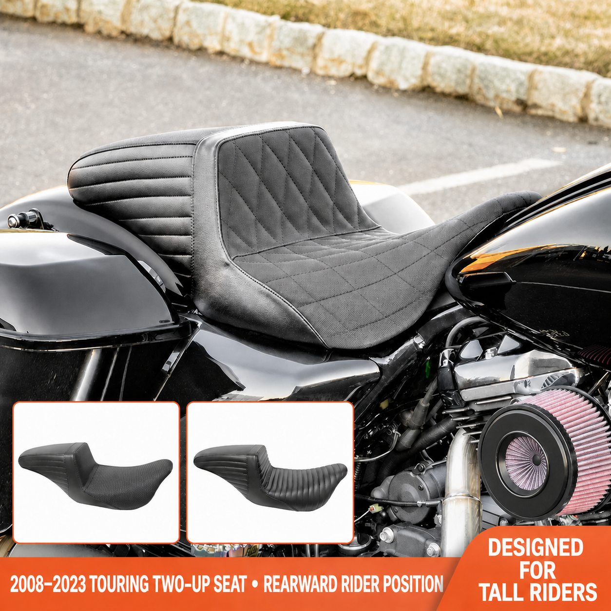 Rearward-position two-up touring seat for tall riders