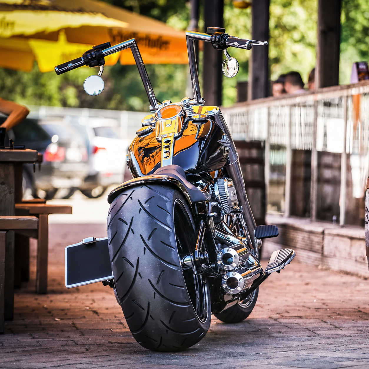 Wide rear tire conversion installed, rear view