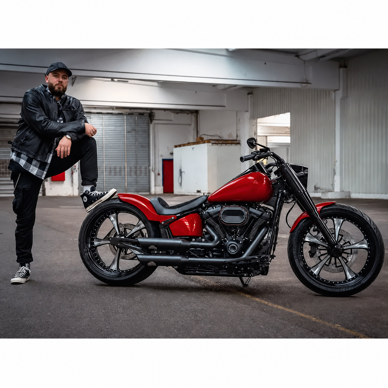 Red machined-style Harley Fat Boy custom build