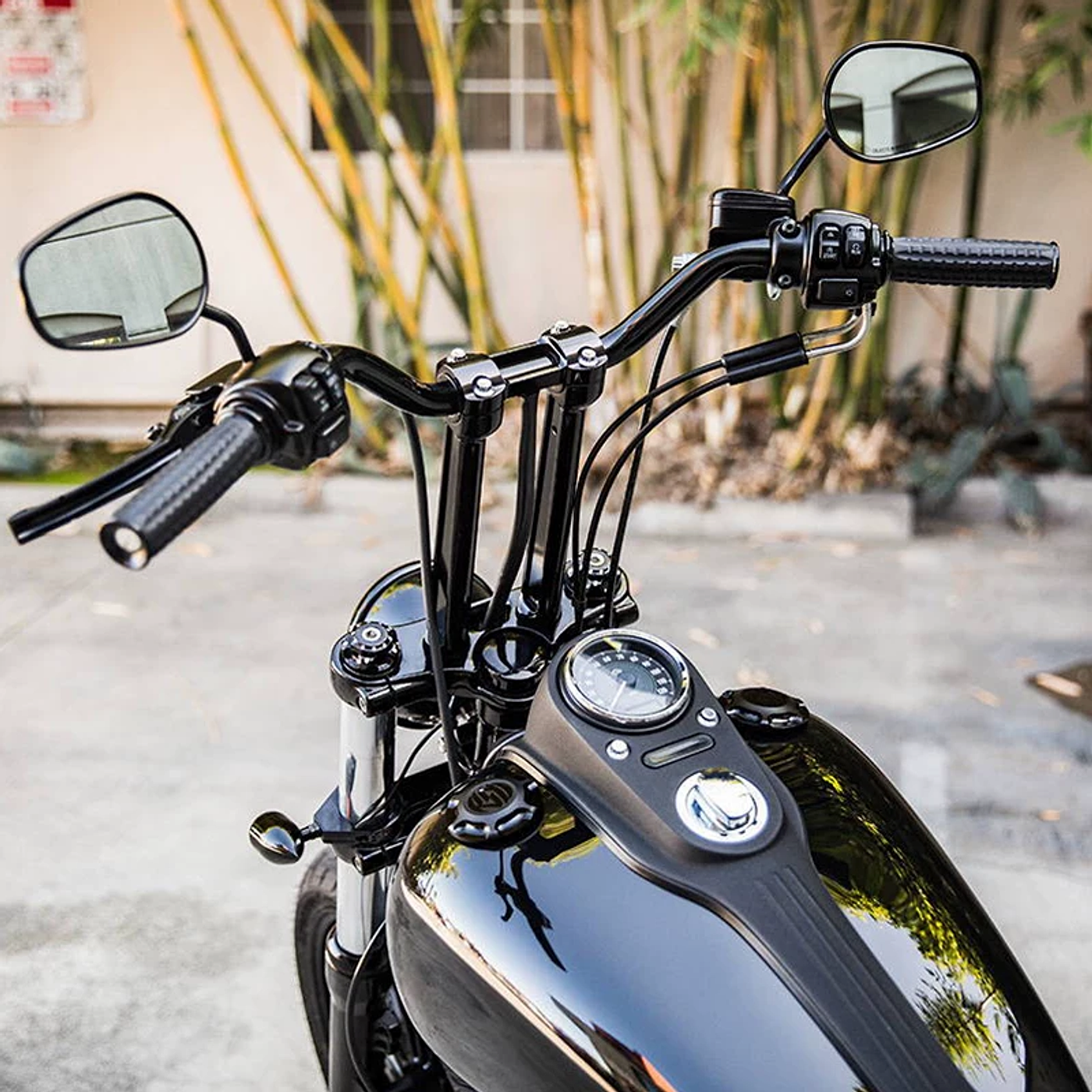 Black custom Harley Dyna Street Bob motorcycle
