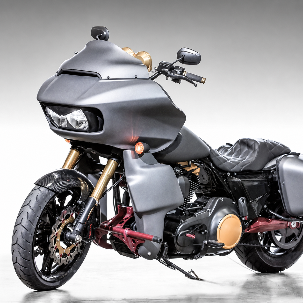 DS-style custom Harley Road Glide motorcycle front three-quarter view