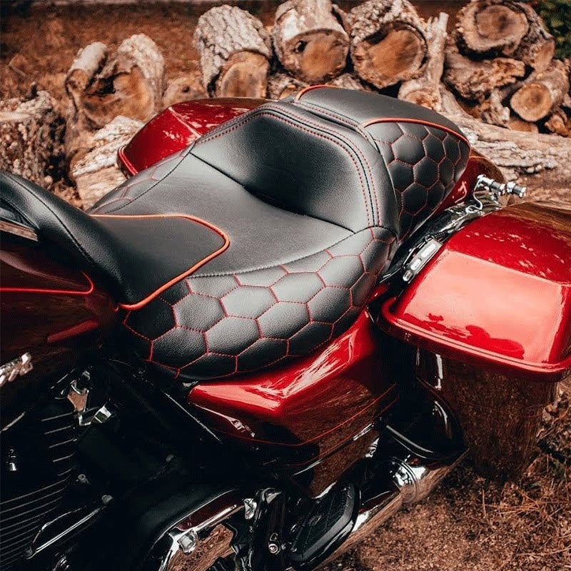Two-up touring seat with red stitching