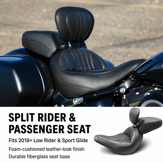 Split rider and passenger motorcycle seat for 2018+ Low Rider and Sport Glide