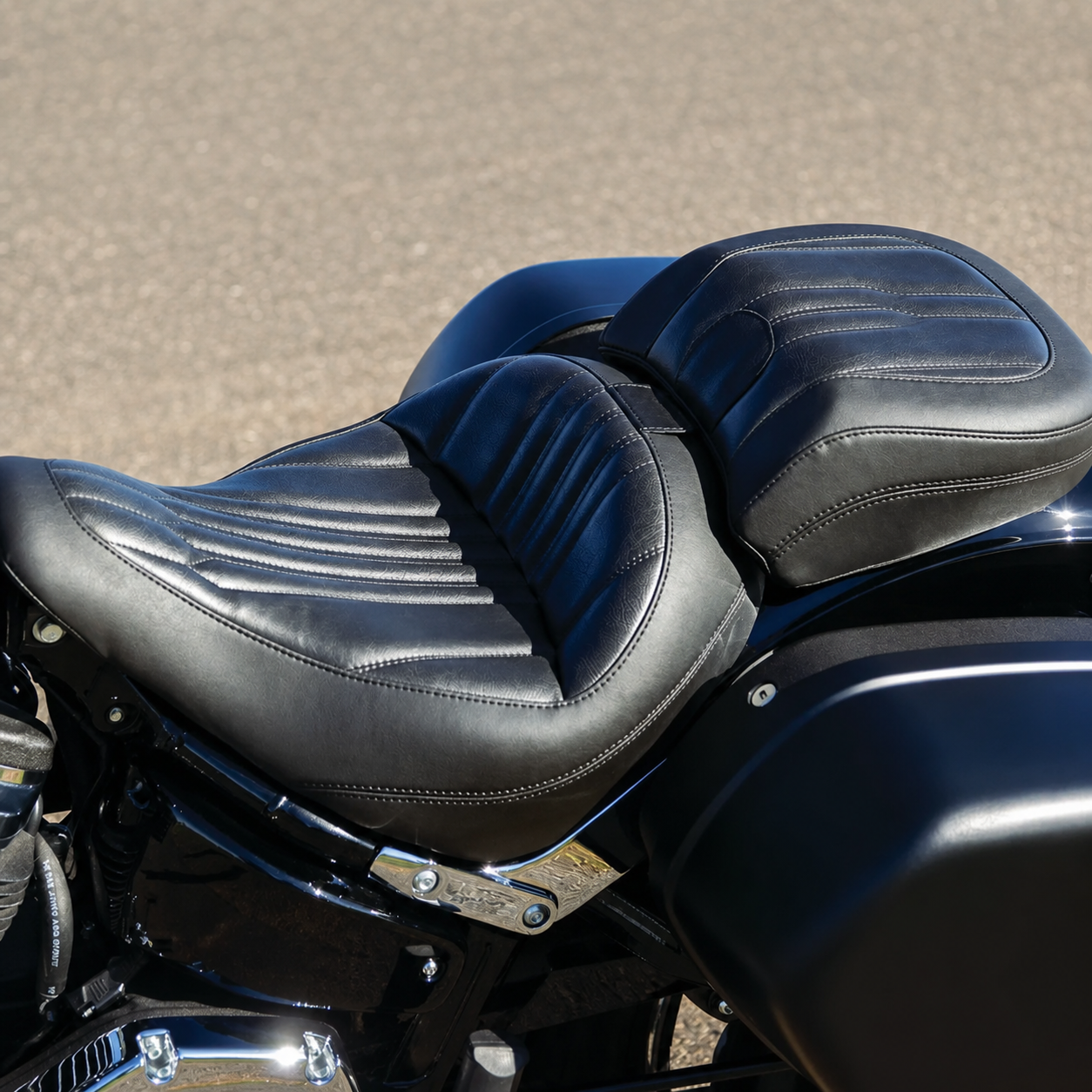 Installed split motorcycle seat side view