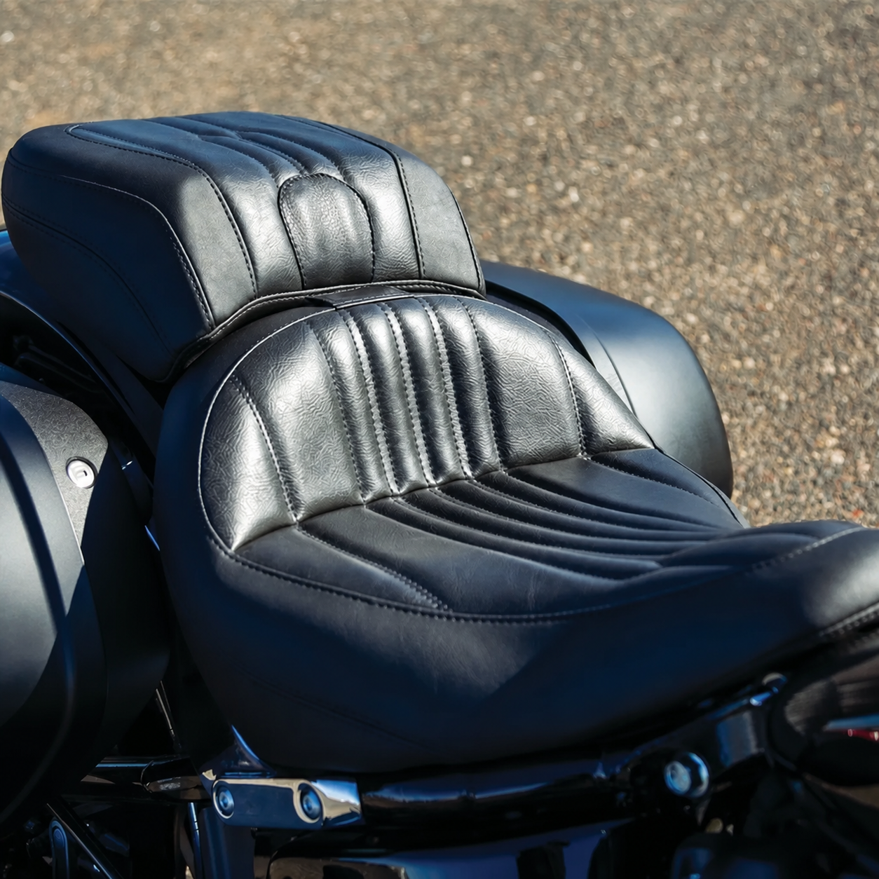 Installed motorcycle rider seat close-up