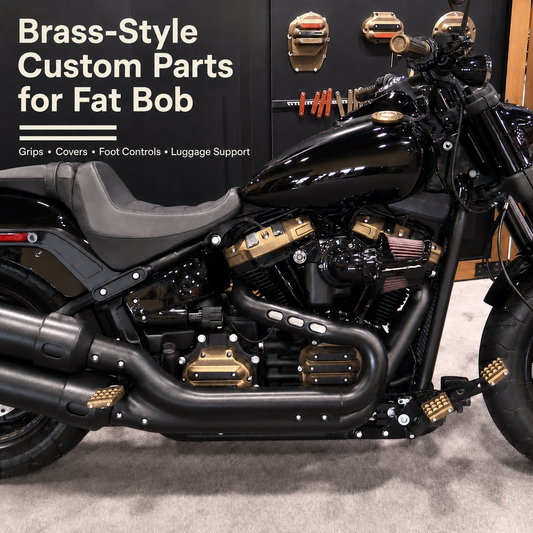 Brass-style custom parts installed on Harley-compatible Fat Bob