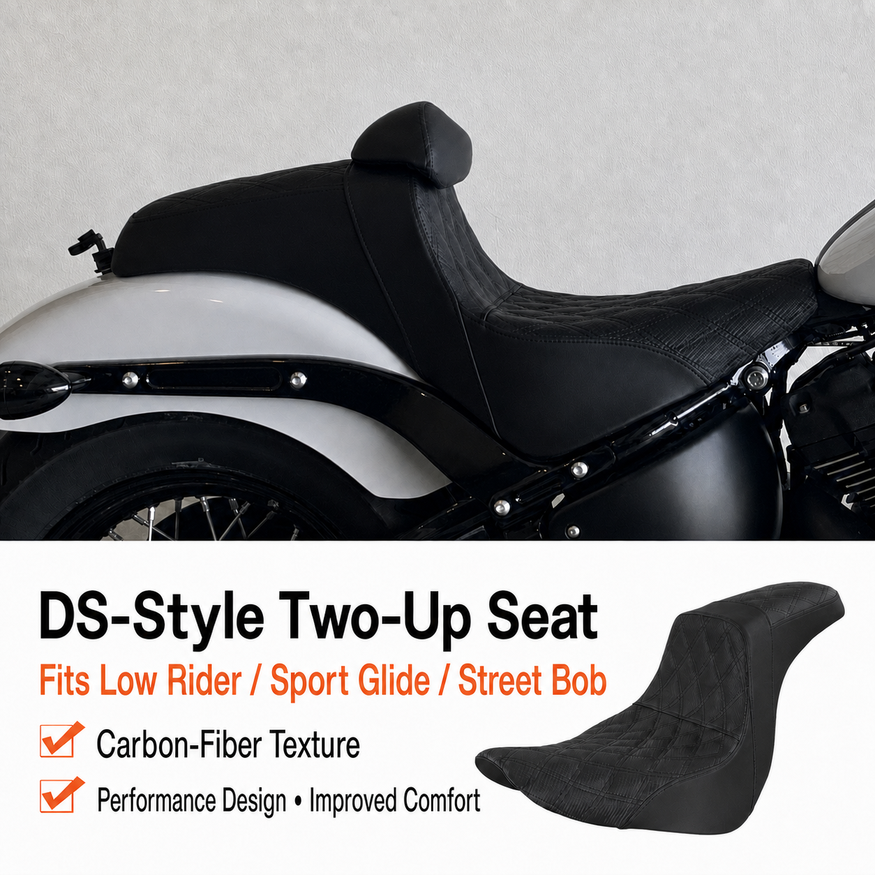 Unbranded DS-style two-up motorcycle seat for Low Rider, Sport Glide and Street Bob