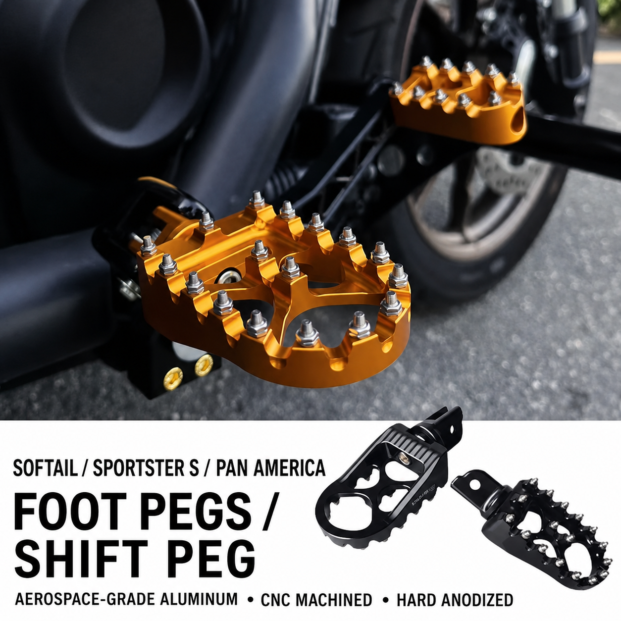 Harley-compatible black and gold CNC foot pegs