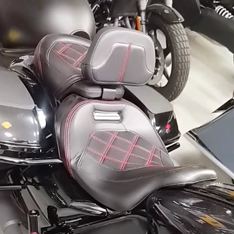 Red stitched rider backrest installed on touring motorcycle